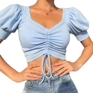 Y2K FAIRY RUNCHED BLUE SHORTSLEEVE CROP TOP